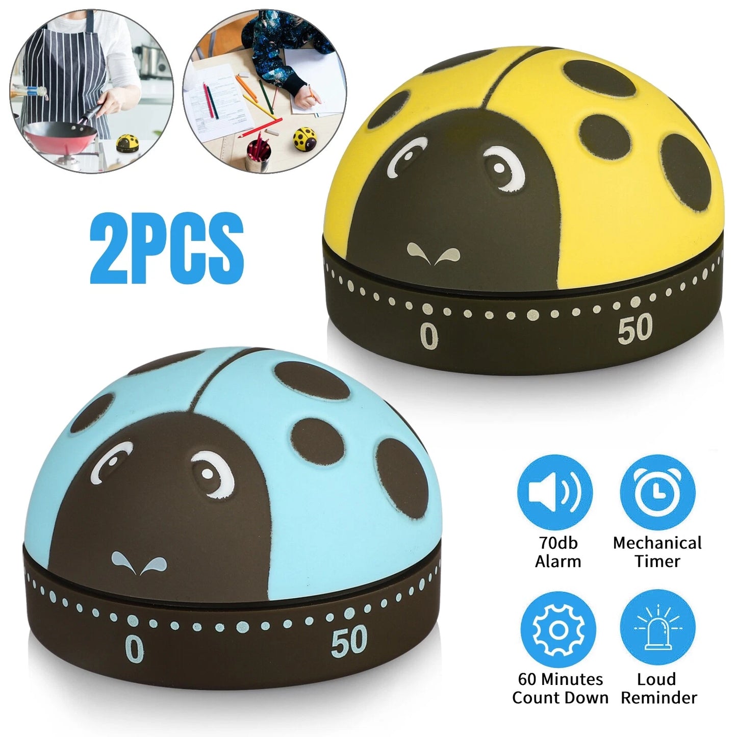 2pcs Cartoon Ladybug Mechanical Timer