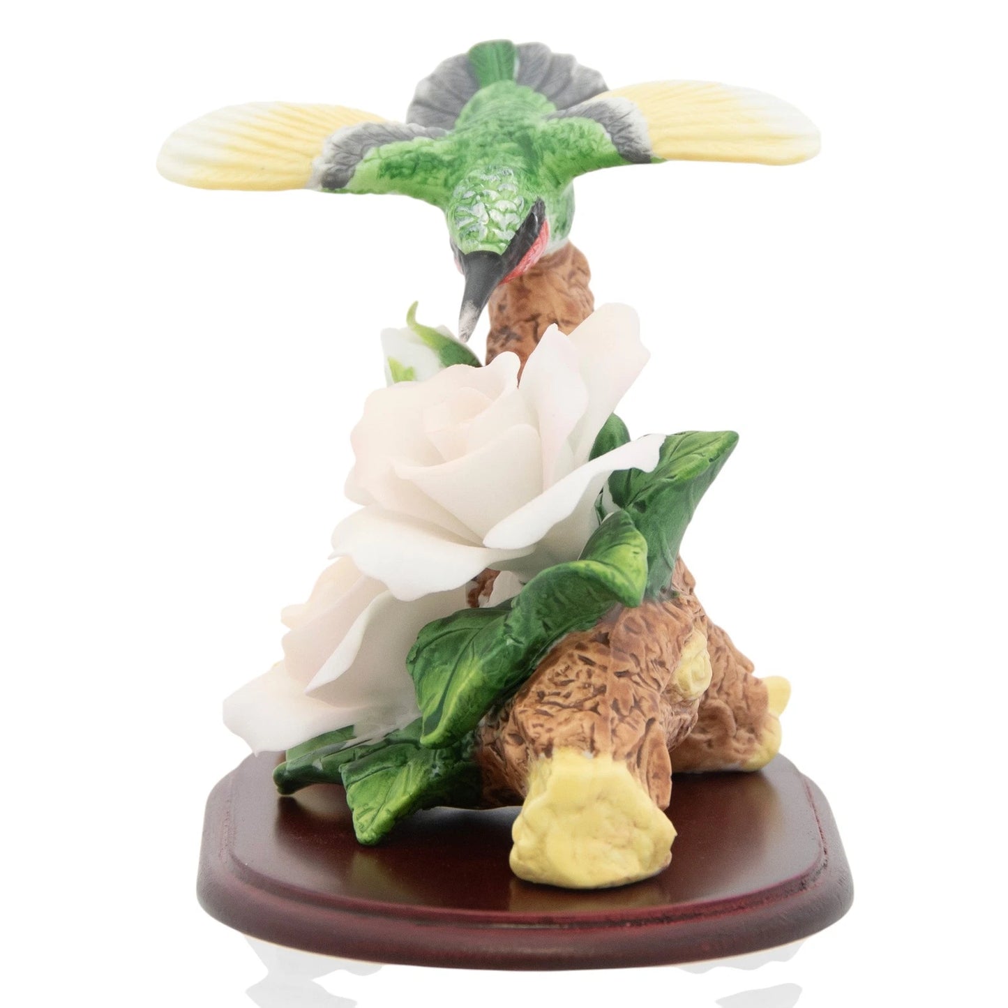 Porcelain Hummingbird with White Roses Figurine on Wooden Pedestal
