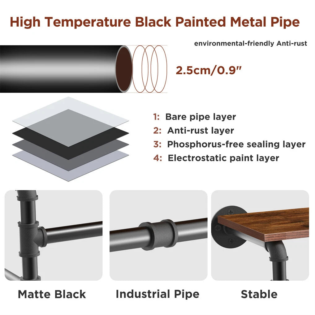 Industrial Pipe Wall-Mounted Clothes Rack with Top Shelf