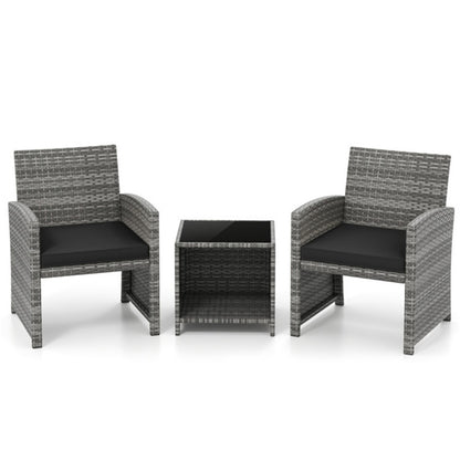 Black 3-Piece Patio Furniture Set with Tempered Glass Coffee Table