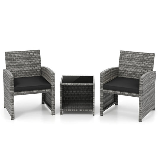Black 3-Piece Patio Furniture Set with Tempered Glass Coffee Table