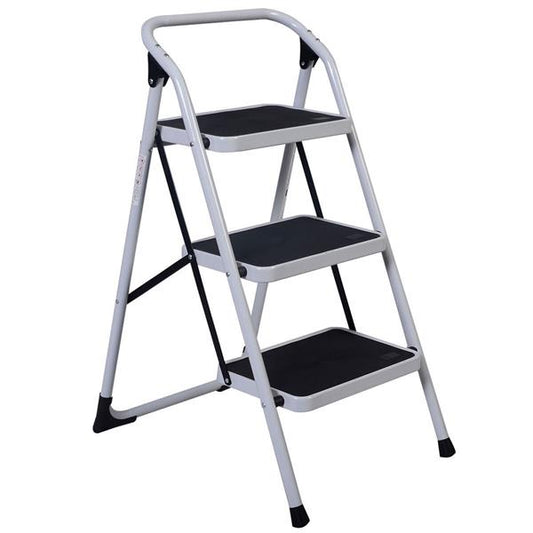 3-Step Folding Iron Ladder with Short Handrail Black & White