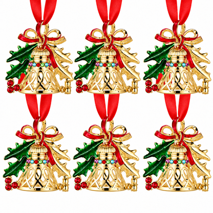 Home Collection Pack of 6 Gold Metal Christmas Bell Ornaments with Holly Leaves Red Bows & Rhinestones