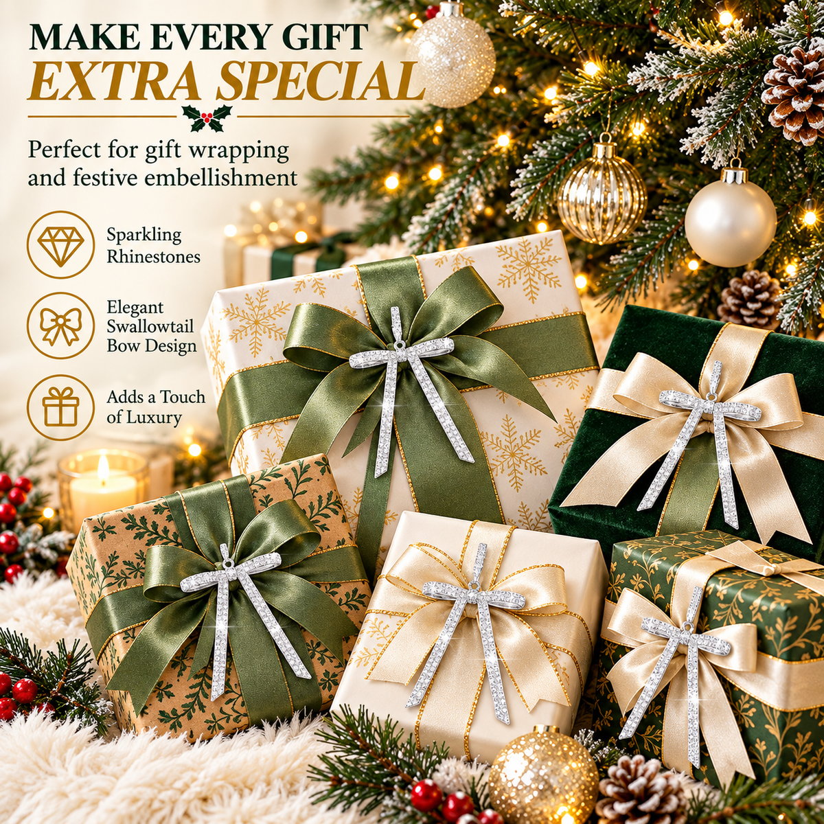 Home Collection Pack of 6 Metal Rhinestone Christmas Bow Ornaments, Sparkling Crystal Tree Decorations