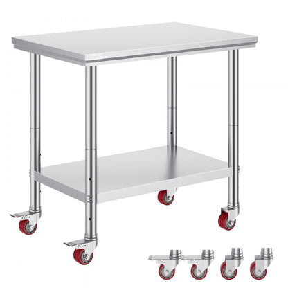 36x24 Inch Stainless Steel Work Table with 4 Wheels