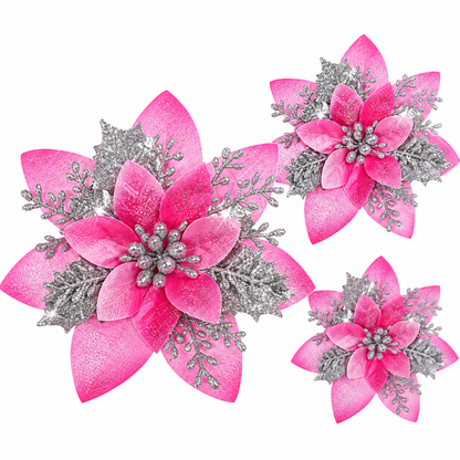 Home Collection Pack of 24 Glitter Christmas Poinsettia Flowers Clip-On Tree Ornaments