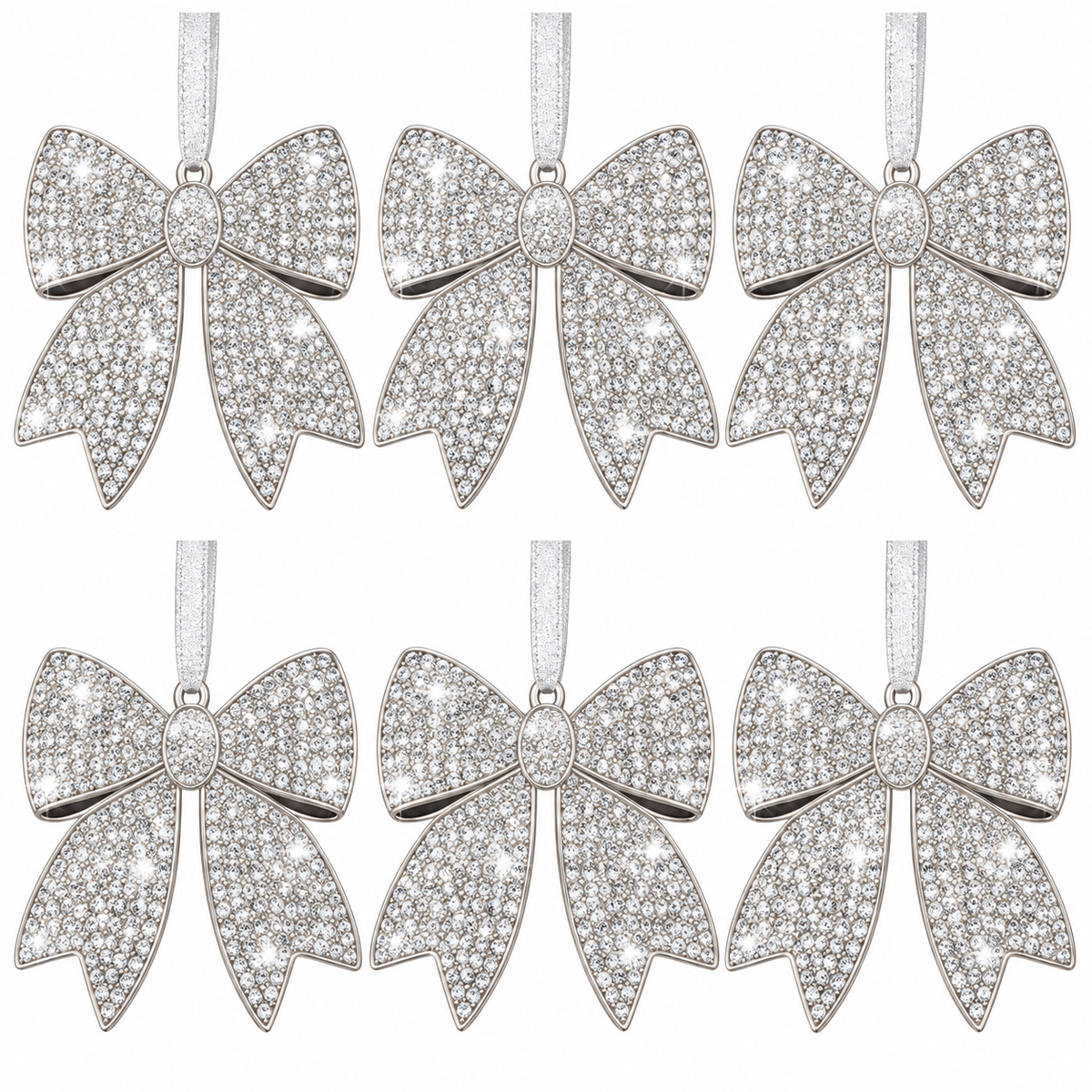 Home Collection Pack of 6 Metal Rhinestone Christmas Bow Ornaments, Sparkling Crystal Tree Decorations