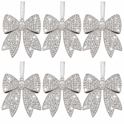 Home Collection Pack of 6 Metal Rhinestone Christmas Bow Ornaments, Sparkling Crystal Tree Decorations