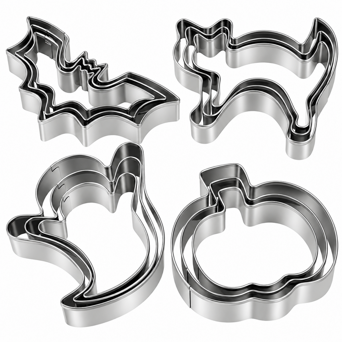 Home Collection Pack of 12 Halloween Cookie Cutter Set Stainless Steel Pumpkin Ghost Bat and Cat Shapes