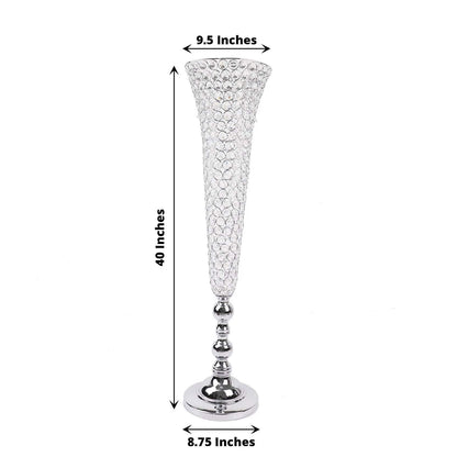 Set of 2 Silver Metal 40" Trumpet Vases with Acrylic Crystal Beads