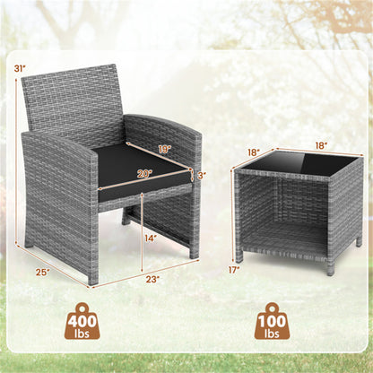 Black 3-Piece Patio Furniture Set with Tempered Glass Coffee Table