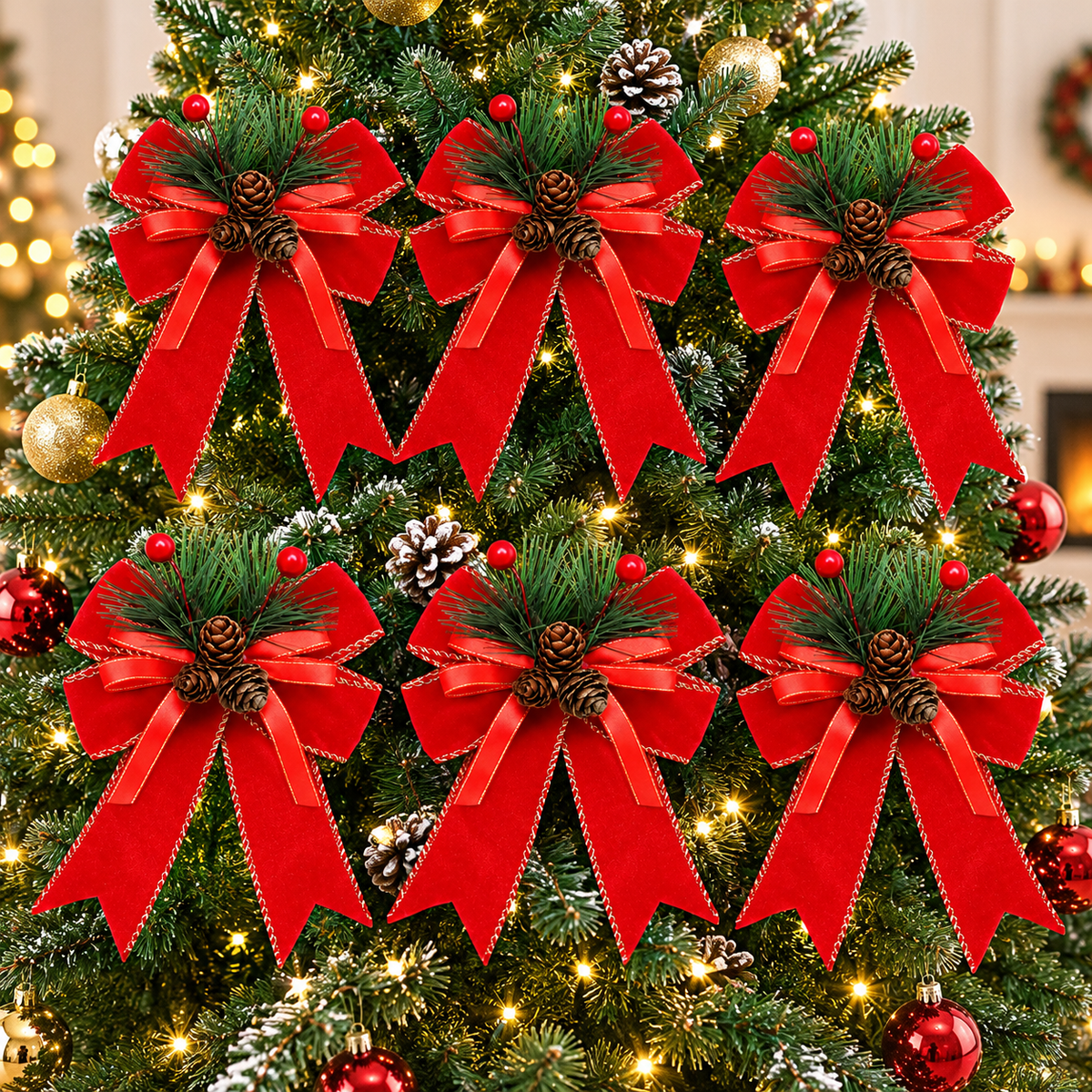 Home Collection Pack of 6 Velvet Christmas Ribbon Bows Holiday Tree Wreath and Garland Decorations