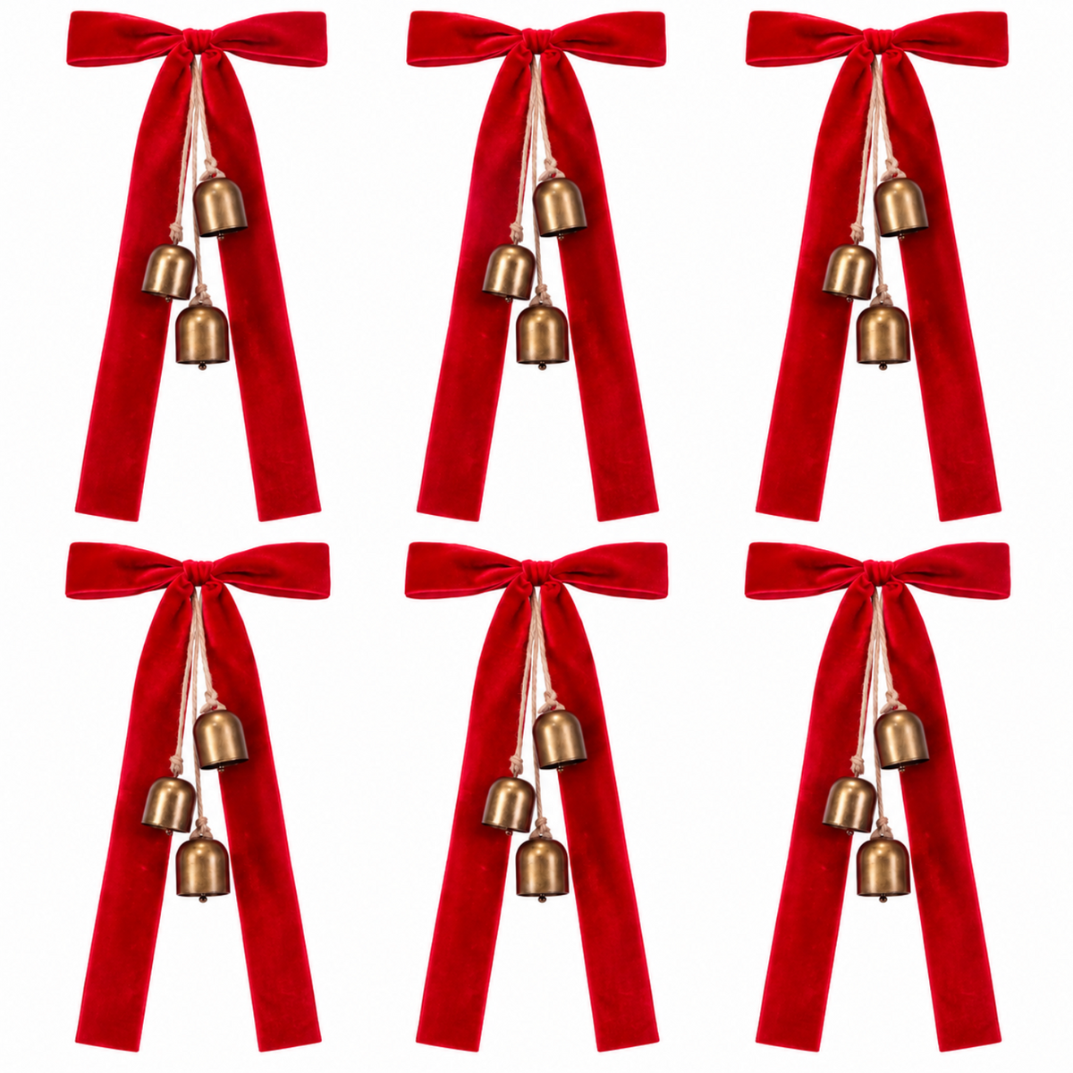 Home Collection Pack of 6 Rustic Christmas Cow Bells with Velvet Bows, 19.7 Inch Hanging Holiday Decor