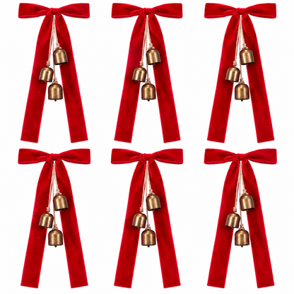 Home Collection Pack of 6 Rustic Christmas Cow Bells with Velvet Bows, 19.7 Inch Hanging Holiday Decor