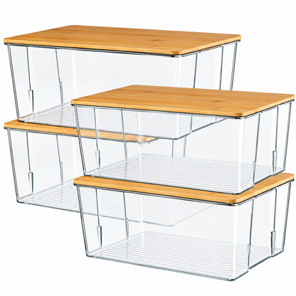 Home Collection 4 Pack Clear Plastic Storage Bins with Bamboo Lids