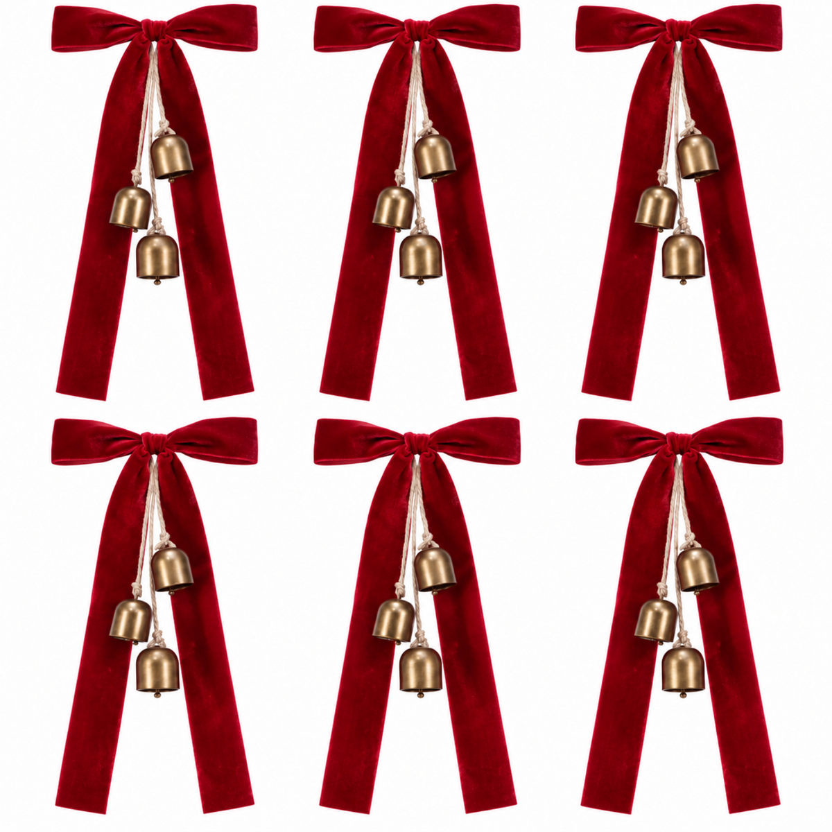 Home Collection Pack of 6 Rustic Christmas Cow Bells with Velvet Bows, 19.7 Inch Hanging Holiday Decor