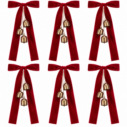 Home Collection Pack of 6 Rustic Christmas Cow Bells with Velvet Bows, 19.7 Inch Hanging Holiday Decor
