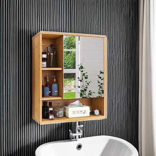Home Collection Natural Bamboo Bathroom Mirror Cabinet