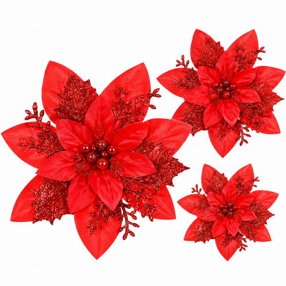 Home Collection Pack of 24 Glitter Christmas Poinsettia Flowers Clip-On Tree Ornaments