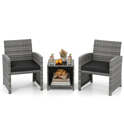 Black 3-Piece Patio Furniture Set with Tempered Glass Coffee Table
