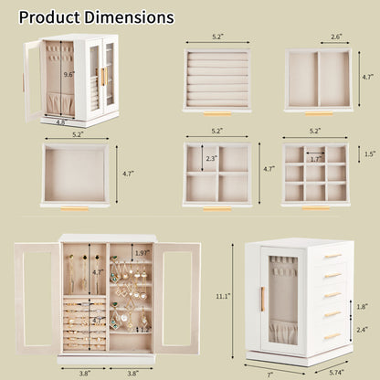 360° Rotating White Jewelry Cabinet with 5 Drawers