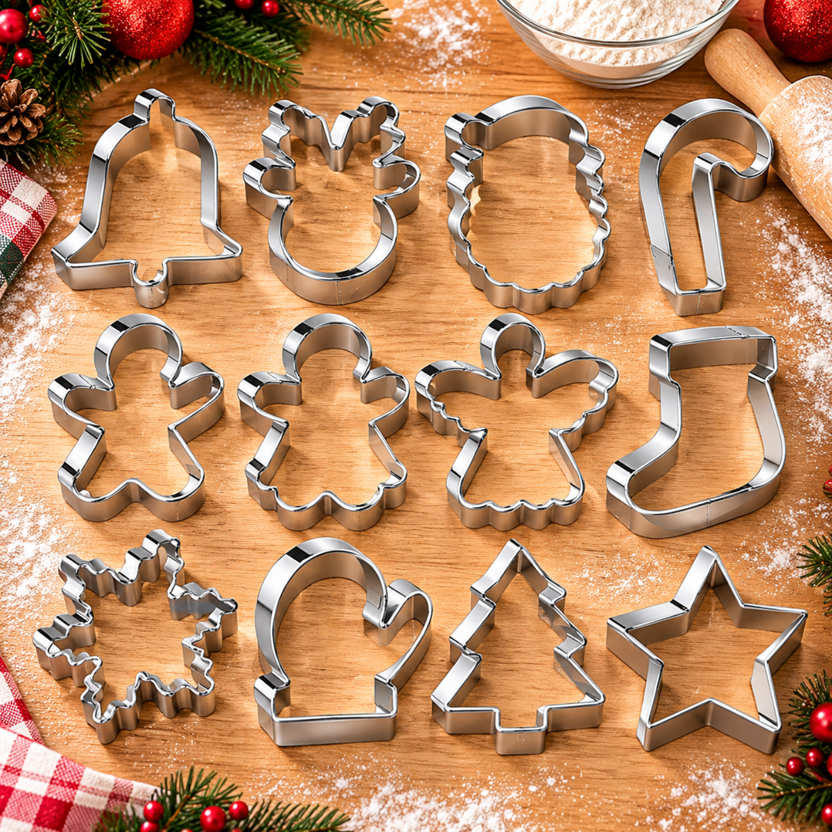 Home Collection Pack of 12 Christmas Cookie Cutter Set Stainless Steel Holiday Baking Shapes