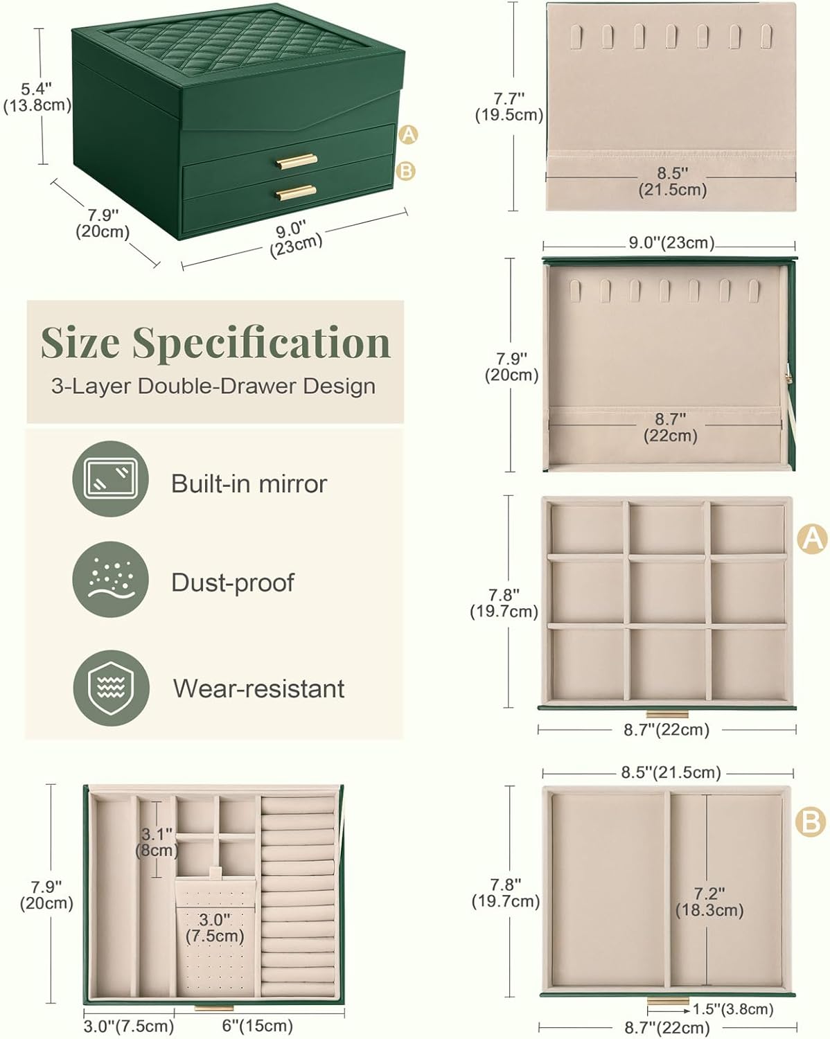 Home Collection 3-Layer Jewelry Box Organizer with Mirror