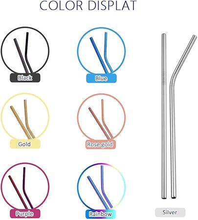 Home Collection 8-Pack 10.5 Inch Colored Stainless Steel Straws with 2 Cleaning Brushes