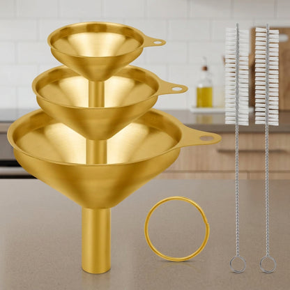 Home Collection Pack of 3 Gold Stainless Steel Mini Kitchen Funnels with Cleaning Brush