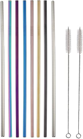Home Collection 8-Pack 10.5 Inch Colored Stainless Steel Straws with 2 Cleaning Brushes