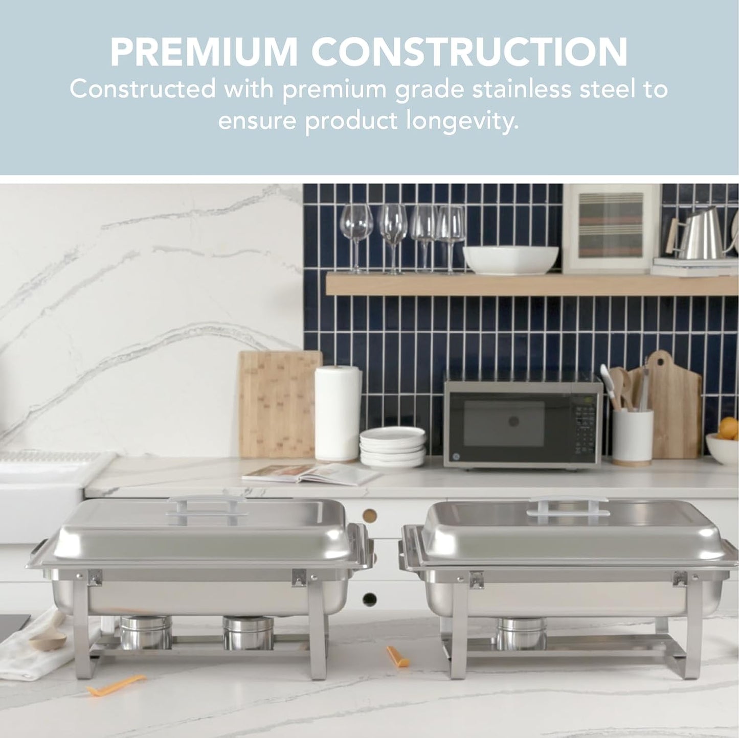 Home Collection 2‑Pack 8 Quarter Stainless Steel Chafing Dish with Gray Handles