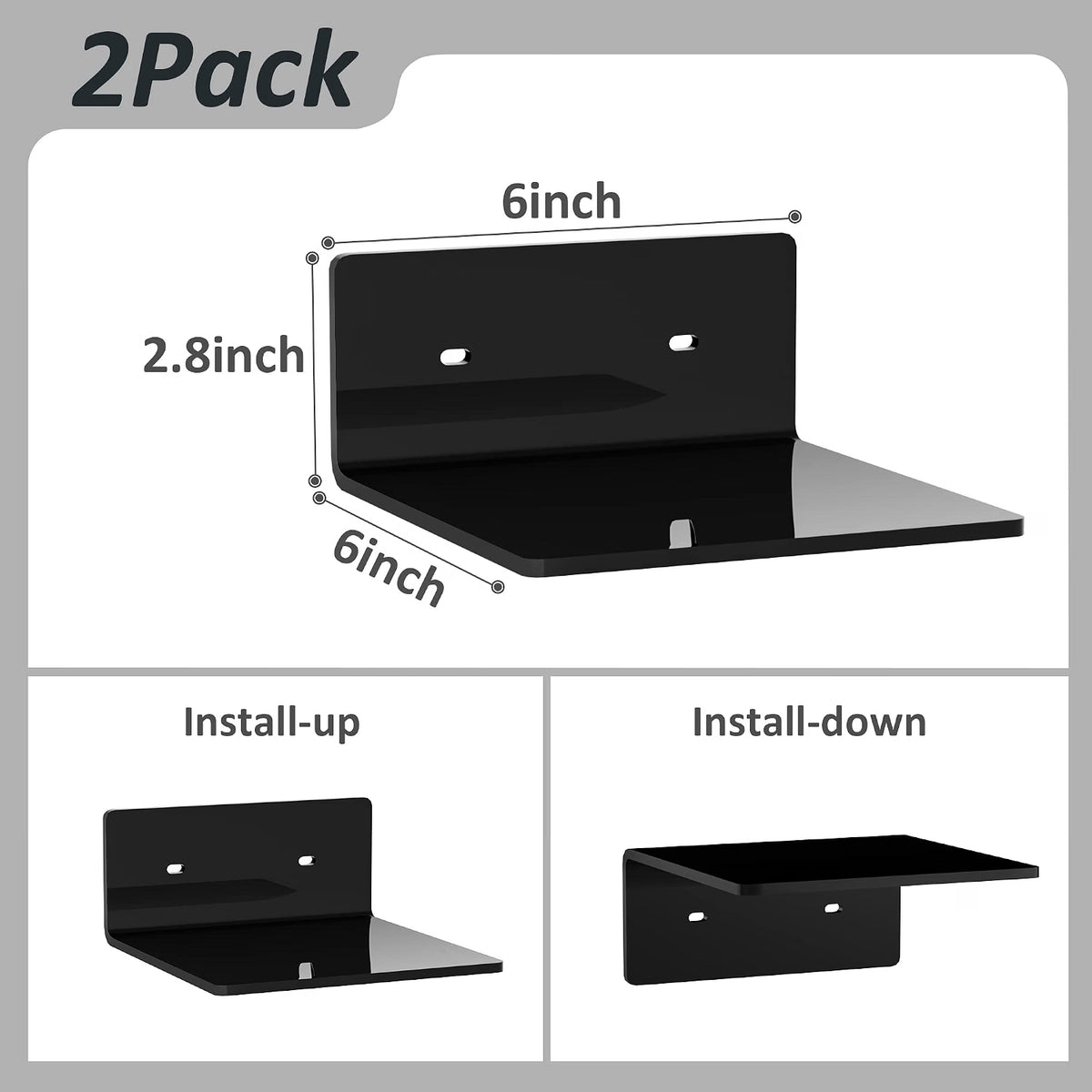 Home Collection Pack of 2 6-Inch Acrylic Floating Wall Shelves for Figures, Plants and Décor