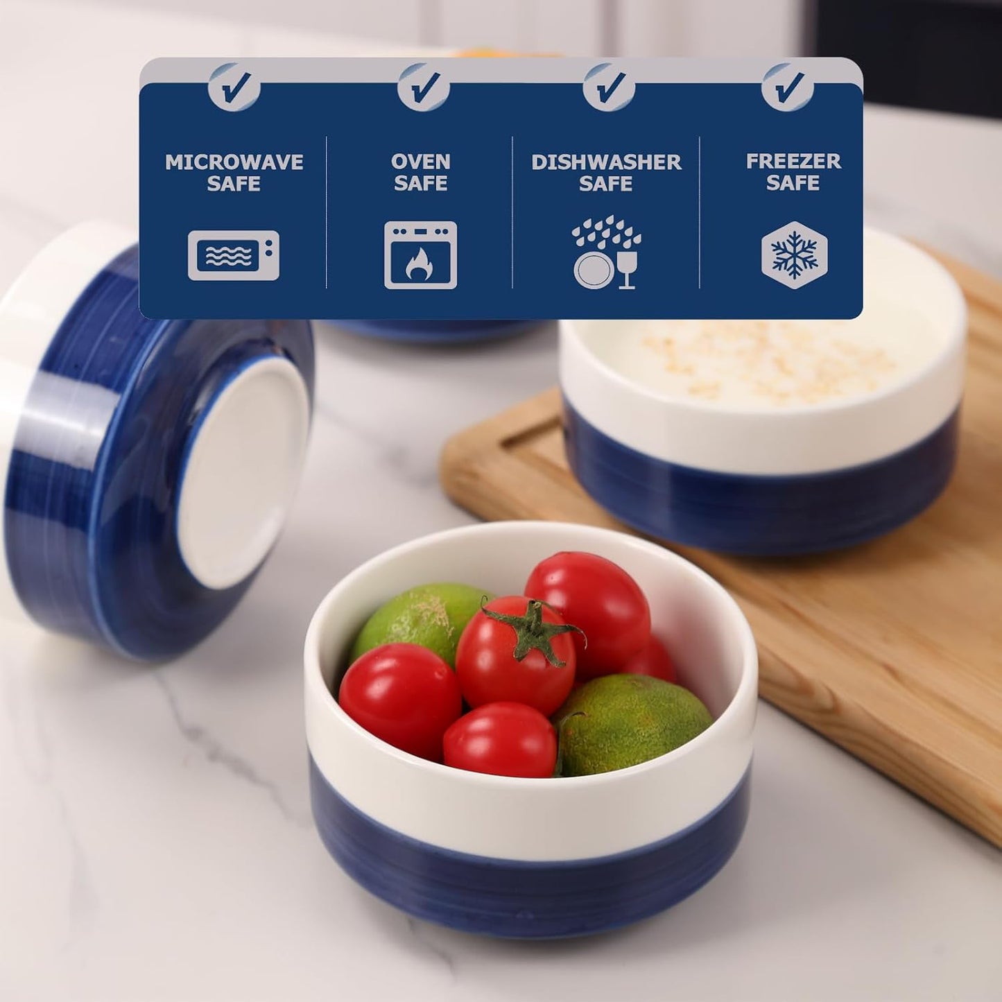 Home Collection Set of 4 10oz White & Blue Ceramic Bowls