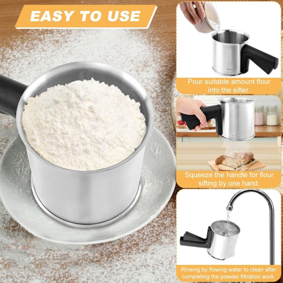Home Collection 3 Cup Stainless Steel Flour Sifter with Double Layer Fine Mesh