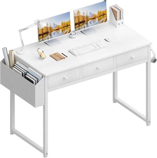 Home Collection Small White Computer Desk with Fabric Drawers 40"