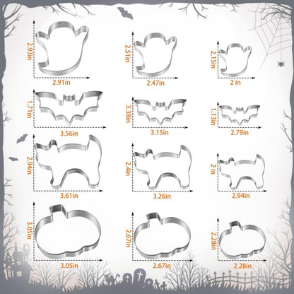 Home Collection Pack of 12 Halloween Cookie Cutter Set Stainless Steel Pumpkin Ghost Bat and Cat Shapes