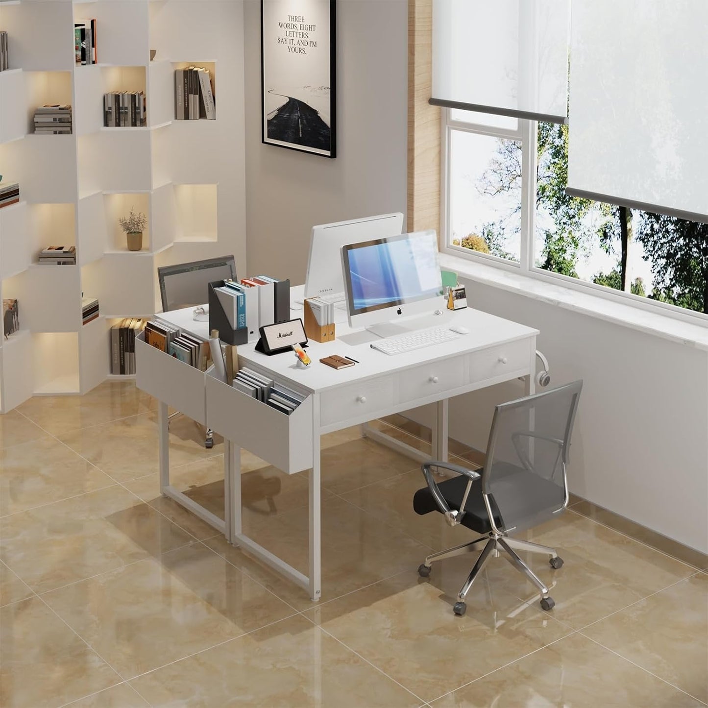 Home Collection Small White Computer Desk with Fabric Drawers 40"