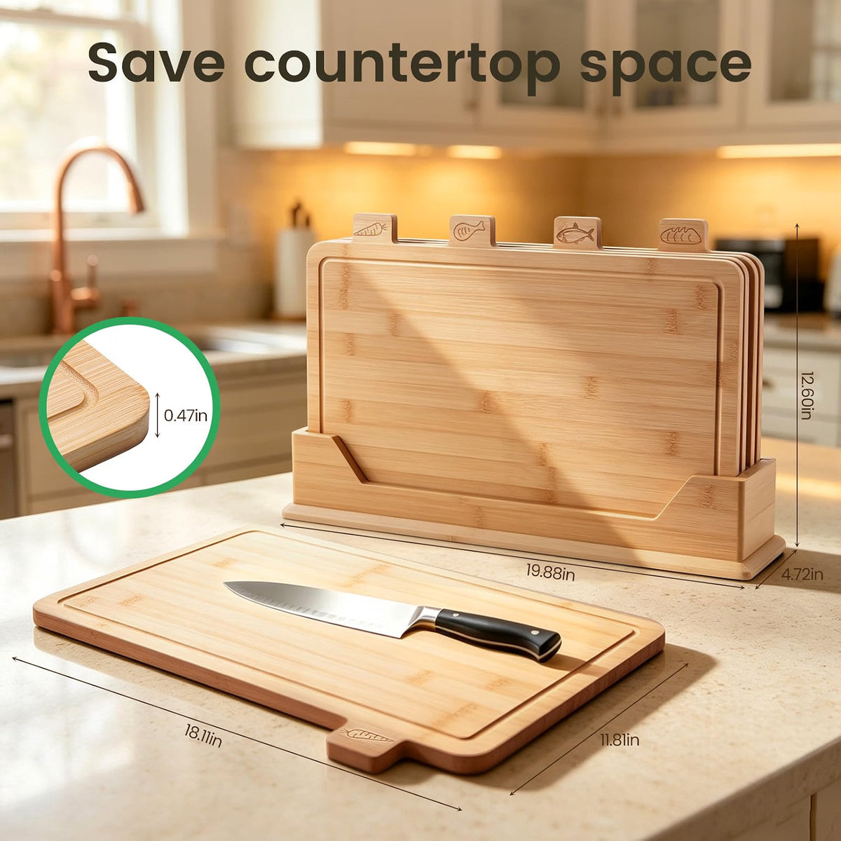 Home Collection Pack of 4 Bamboo Cutting Board Set with Storage Rack 19.9 x 4.7 x 12.6 inch