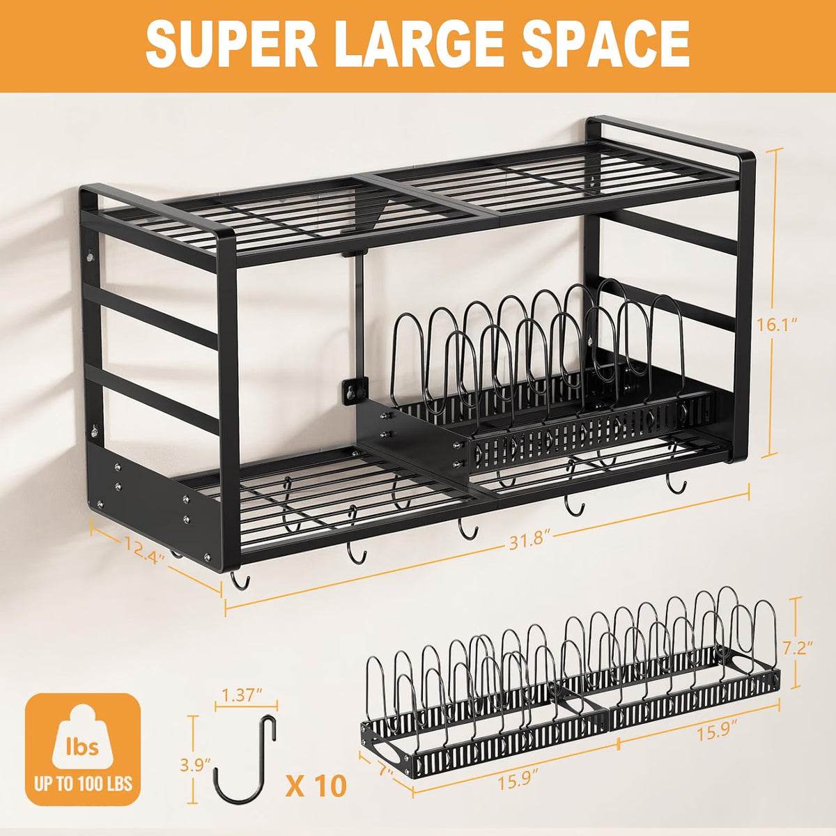 Home Collection 2Tier Wall Mounted Pot Rack with 20 Hooks and Lid Holder 31 Inch