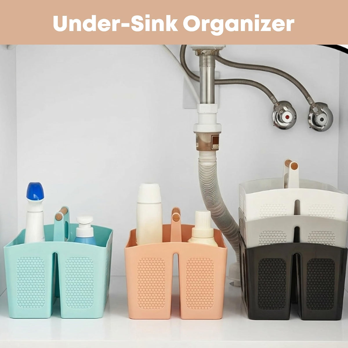 Home Collection 3-Compartment Portable Shower Caddy with Wooden Handle