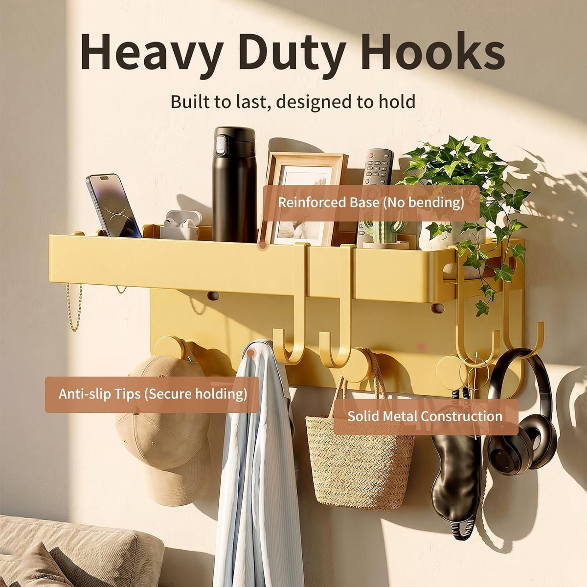 Home Collection Wall-Mounted Floating Bedside Shelf with Hooks for Bedroom Storage