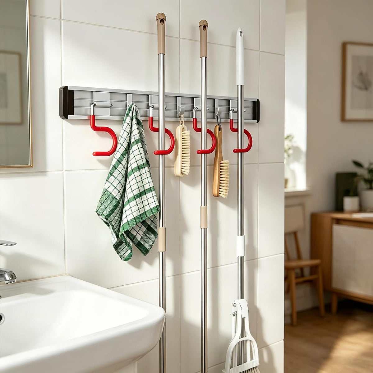 Home Collection Stainless Steel Wall Mounted Mop & Broom Holder Rack