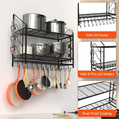 Home Collection 2Tier Wall Mounted Pot Rack with Hooks and Pot Lid Holders