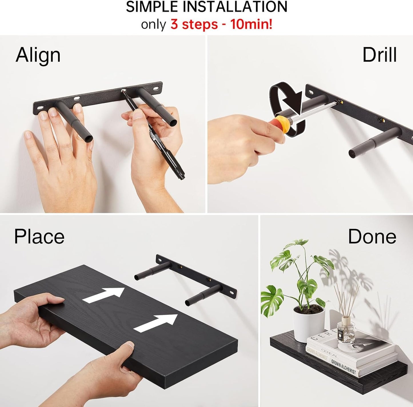 Home Collection Rustic Black Floating Shelves Set of 3