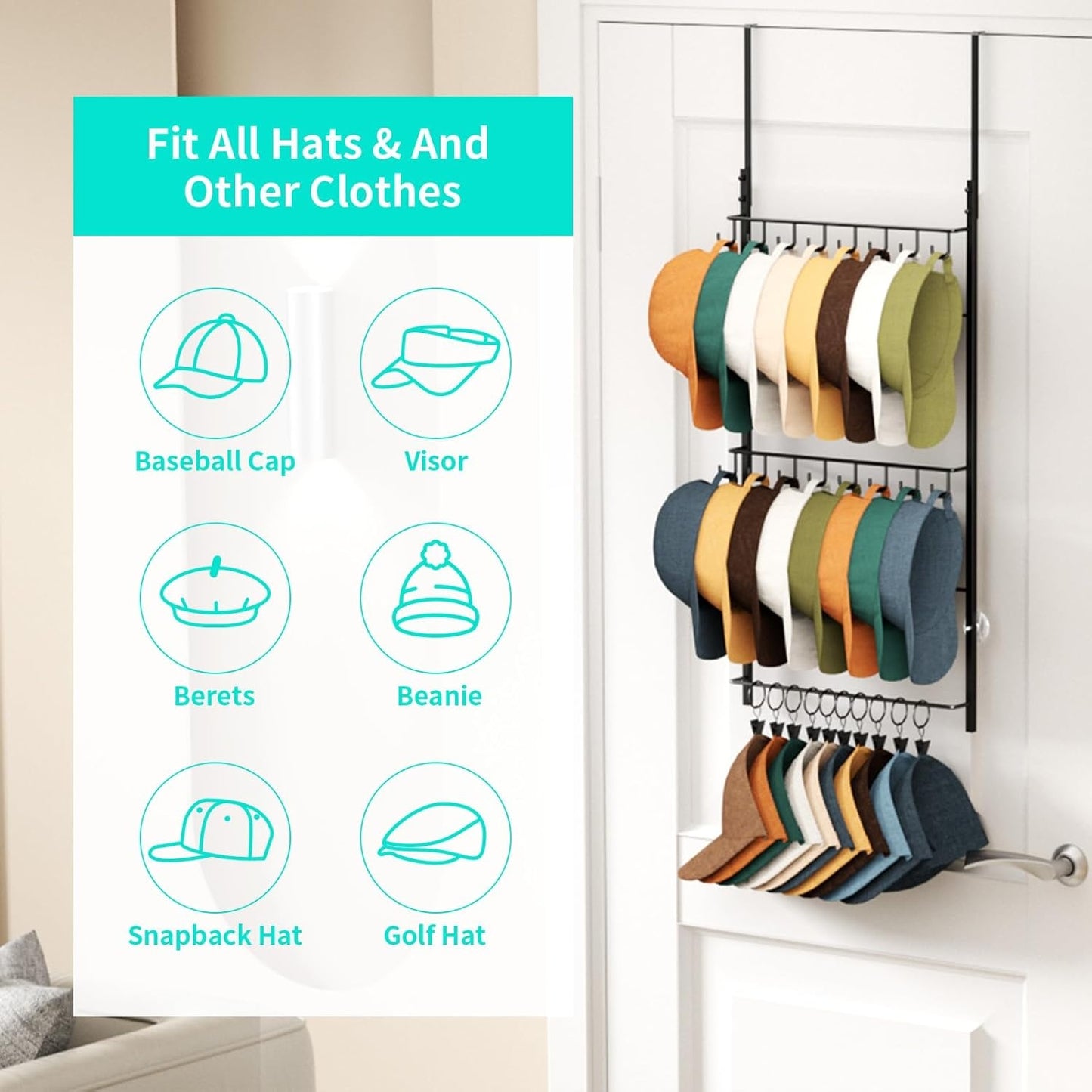 Home Collection 3 Tier Over Door Hat Rack Organizer Hat Storage with 16 Hooks