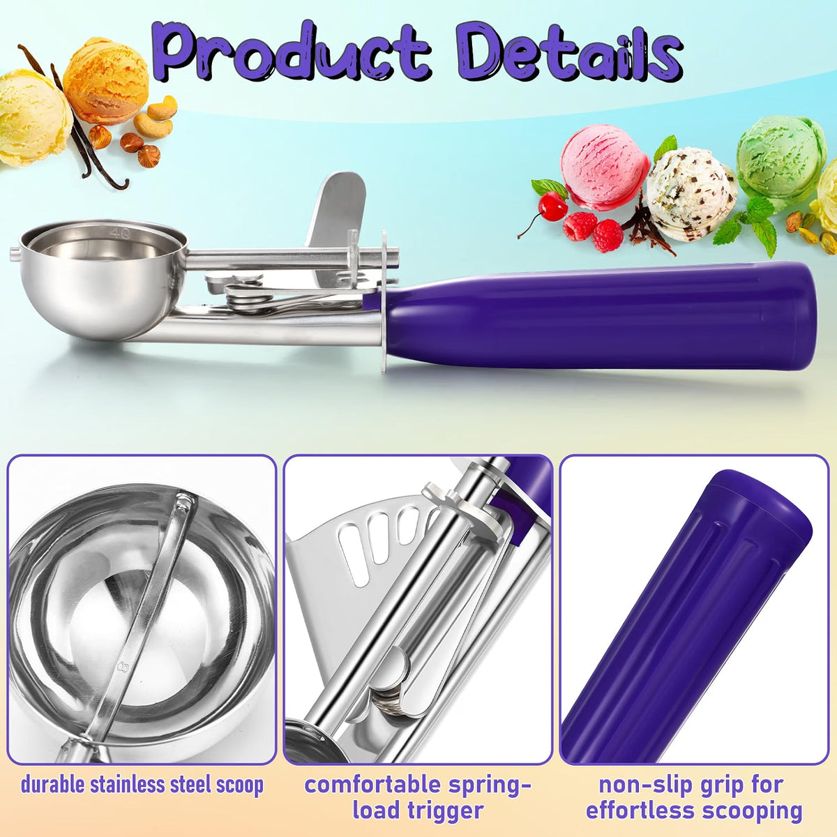 Home Collection Pack of 2 Stainless Steel Ice Cream Scoops with Trigger