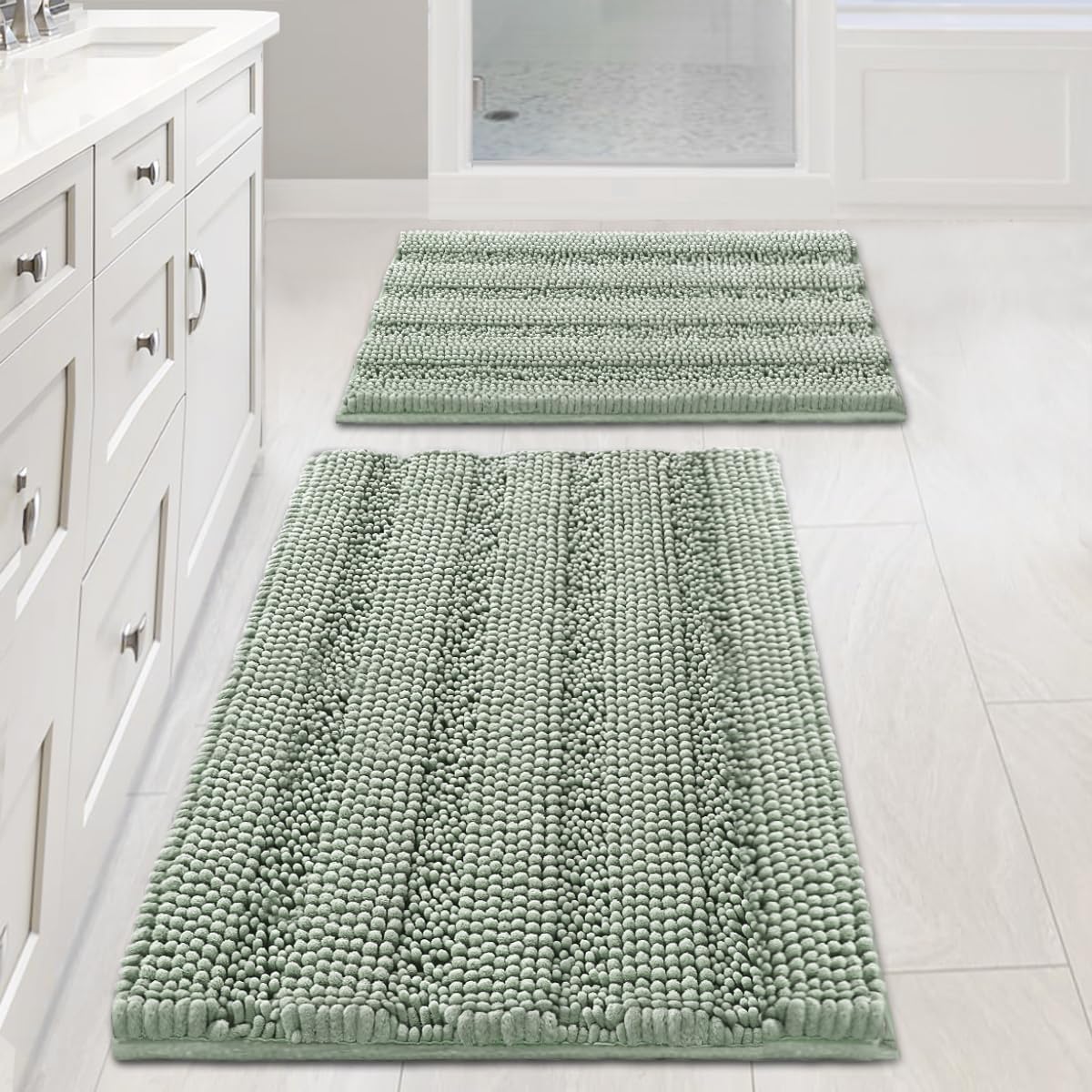 2-Piece Chenille Bathroom Rug Set – Extra Thick Striped Shaggy Bath Mats, Non-Slip
