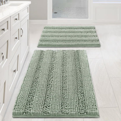 2-Piece Chenille Bathroom Rug Set – Extra Thick Striped Shaggy Bath Mats, Non-Slip