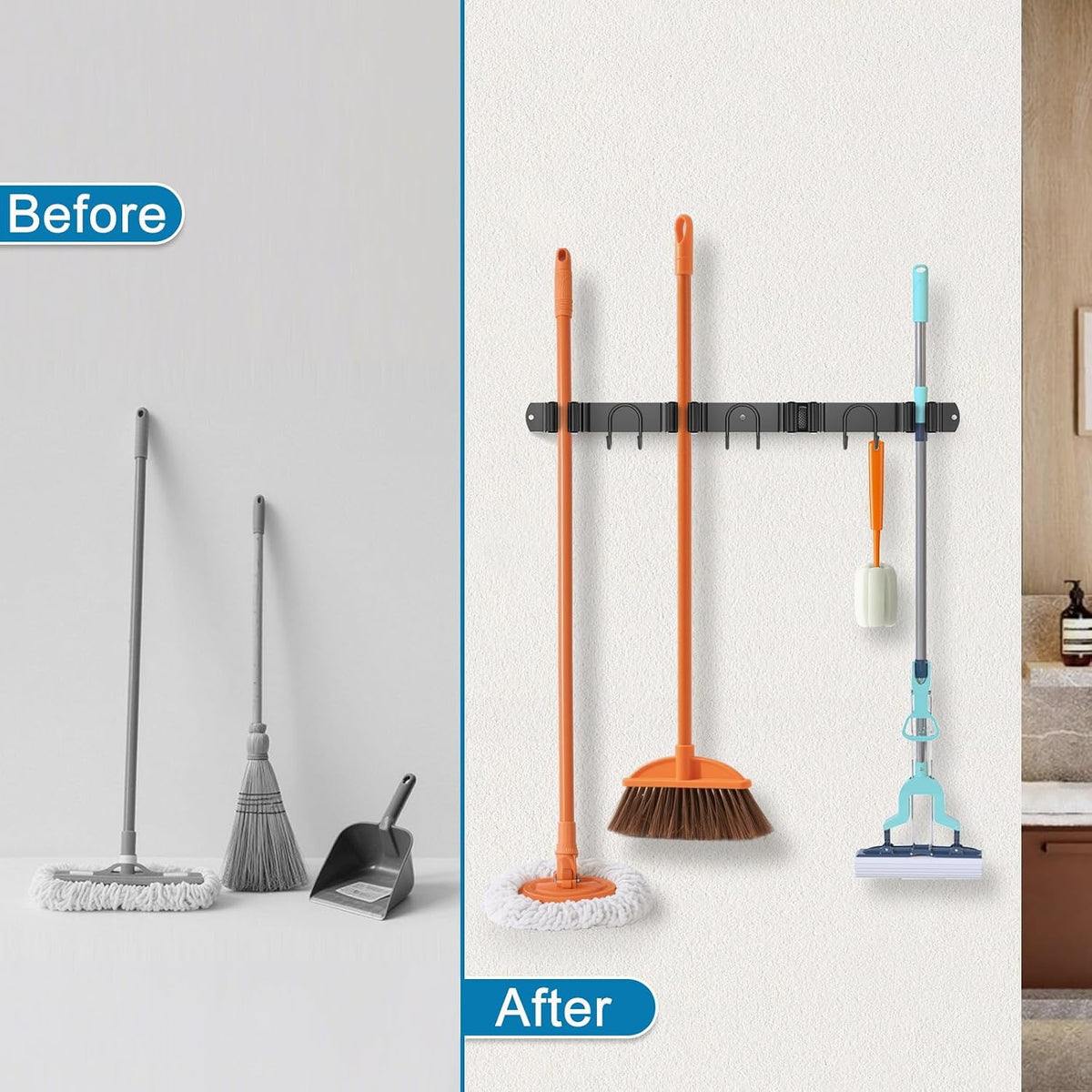 Home Collection Stainless Steel Wall Mounted Mop and Broom Holder with 4 Slots and 6 Hooks