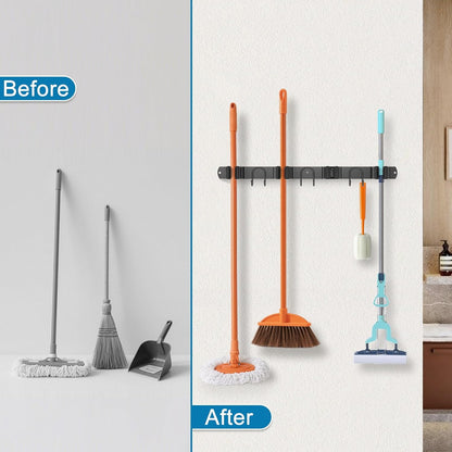 Home Collection Stainless Steel Wall Mounted Mop and Broom Holder with 4 Slots and 6 Hooks
